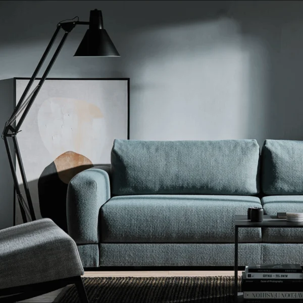 sofa w morskiej tkaninie tapicerowanej